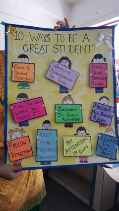 a person holding up a sign that says 10 ways to be a great student with pictures on it