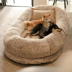 two dogs laying in a dog bed on the floor