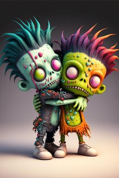 two cartoon zombies hugging each other on a gray background with an orange and green hair