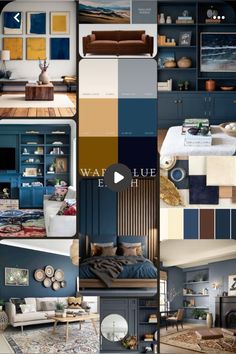 a collage of different rooms with blue walls and furniture