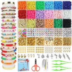 many different types of beads, scissors and other crafting supplies are shown in this image