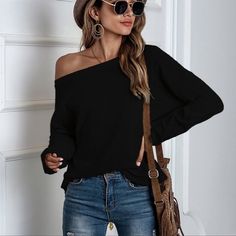 Black Off The Shoulder Waffle Top With An Oversized Fit. 100% Polyester Oversized Fall Top For Brunch, Oversized Tops For Fall Brunch, Trendy Black Tops For Brunch, Trendy Black Top For Brunch, Embroidered Lace Top, Classic Party, Preppy Southern, Boho Layering, Casual Dressy