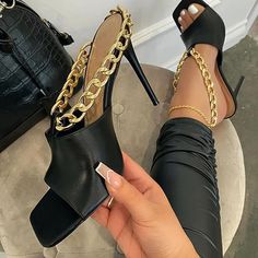 Black Open Square Toe Metal Chain Slingback High Heels Sandals|FSJshoes Square Toe Sandals, Square Toe Heels, Fabulous Shoes, Black High Heels, Shoe Obsession, Up Shoes, Shoe Lover, Beautiful Shoes