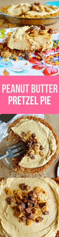 peanut butter pretzel pie on a plate with a fork in it and the rest of the pie