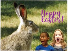 two children and an easter bunny with the words happy easter written in purple on it