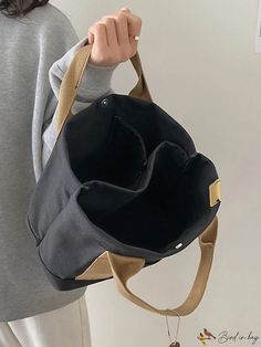 BirdinBag - Canvas Patch Detail Bucket Bag On-the-go Bucket Shoulder Bag With Pockets, Black Large Capacity Handheld Canvas Bag, Black Handheld Canvas Shoulder Bag, Casual Black Lunch Bag With Large Capacity, Large Capacity Black Canvas Pouch Bag, Black Canvas Bucket Bag With Double Handle, Black Handheld Canvas Bag For Shopping, Black Canvas Pouch Bag For Shopping, Black Canvas Satchel With Handles