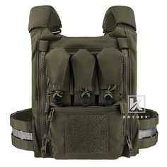 an army green utility pouch with multiple compartments and zippers on the front, attached to a