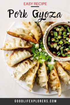 an easy recipe for pork gyoza on a white plate