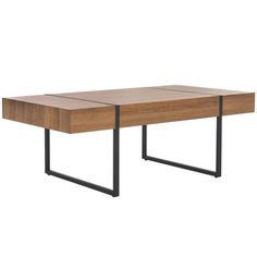 a wooden table with black metal legs and a wood grain finish on the top, against a white background