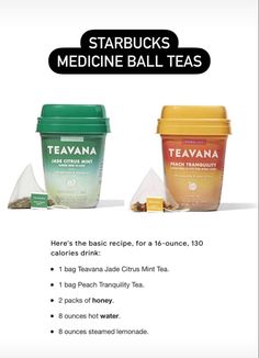 two cups of tea next to each other with the words starbucks's medicine ball teas