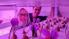 two people standing behind a table with purple flowers on it