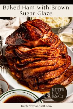 baked ham with brown sugar glaze on a white plate