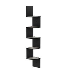 three black shelves are stacked on top of each other, with one shelf in the middle