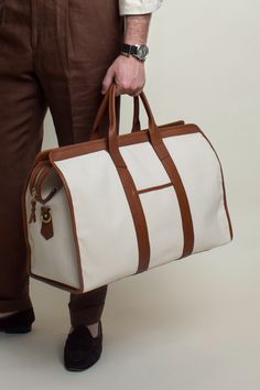 Color: Ivory Canvas Leather Duffle Bag Men, Frank Clegg, High End Handbags, Stylish Leather Bags, Canvas Duffle Bag, Mens Bags Fashion, Leather Duffel, Leather Workshop, Leather Duffle Bag