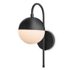 a black wall light with a white ball on the top and an arm that is attached to