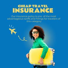 a woman holding a suitcase with the words cheap travel insurance on it and an airplane flying above her