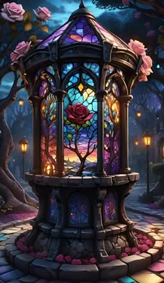 a stained glass lantern with roses on it in the middle of a park at night