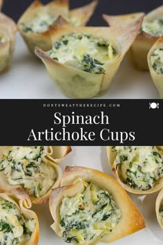 spinach artichoke cups on a plate with text overlay that reads, spinach artichoke cups