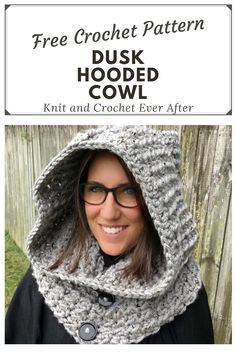 a woman wearing a crochet hooded cowl with the text free crochet pattern