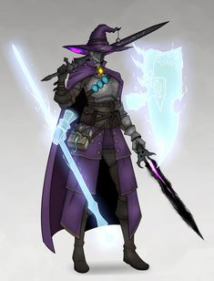 an animated character holding two swords and wearing a purple outfit with blue eyes, standing in front of a white background