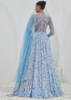 Embroidered anarkali with embroidered dupatta. Anarkali Embroidered Floor-length Dress With Dupatta, Designer Anarkali Embroidered Maxi Dress, Maxi Blue Lehenga With Intricate Embroidery, Anarkali Embroidered Maxi Dress, Maxi Length Blue Lehenga With Intricate Embroidery, Designer Bollywood Floor-length Embroidered Dress, Blue Resham Embroidered Maxi Gown, Anarkali Embroidered Semi-stitched Maxi Dress, Blue Gown With Resham Embroidery In Maxi Length