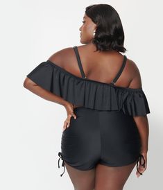 A fabulous set of plus size swim shorts cast in solid black and boasting pull tie hips, an elastic waistband, and mesh lining.This Is Not A Set. Top Sold Separately.Available in sizes XS-3X while supplies last. Vintage Plus Size, Plus Size Swim, Plus Size Black, Black High Waist, Swim Shorts, Unique Vintage, Solid Black, Swimming, Mesh