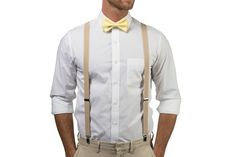 "This stylish YELLOW BOW TIE & TAN BEIGE SUSPENDERS are great for so many occasions! This bow tie is available with OTHER COLOR SUSPENDERS (see links below). BABY SET (6 - 18 mo): ~ BOW TIE - pre-tied and made with a 13.5\" long strap with velcro closure ~ SUSPENDERS - one size fits most, adjustable from 16\" to 27\"; made of elastic; Y-shape back. SILVER CLIPS. BOY SET (18 mo - 6 yrs): ~ BOW TIE - pre-tied and made with a 15\" long adjustable strap with a hook and slider; ~ SUSPENDERS - fit Classic Fitted Belts And Suspenders For Wedding, Bow Tie And Suspenders Men, Ring Bearer Attire, Beach Wedding Groom, Yellow Bow Tie, Suspenders Wedding, Groomsmen Outfits, Rustic Boho Wedding, Yellow Bow