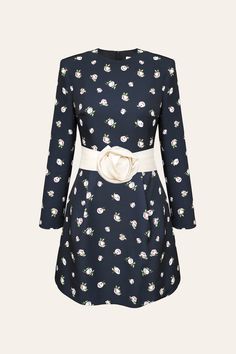 Mini dress with long sleeves in the shade of dark blue. Delicate floral print makes the appereance feminine and romantic. A fitted silhouette and a removable rose decorated belt will perfectly emphasize your figure. Rose Belt, Shades Of Dark Blue, Dress With Long Sleeves, Figure Size, Fitted Silhouette, Long Sleeve Mini, Hot Weather, Long Sleeve Mini Dress, Black Blue