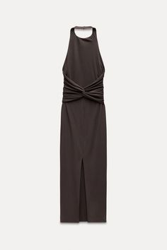 OPEN BACK HALTER DRESS - Dark brown | ZARA United States Chic Stretch Maxi Length Halter Dress, Halter Neck Dress With Side Slits For Date Night, Chic Backless Halter Dress With Side Slits, Chic Stretch Halter Maxi Dress, Date Night Halter Dress With Side Slits, Sleeveless Halter Dress With Side Slits For Night Out, Chic Halter Neck Midi Dress With Back Zipper, Fitted Sleeveless Halter Dress With Side Slits, Fitted Halter Neck Midi Dress With Back Zipper