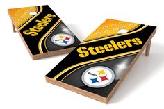 two pittsburgh steeles cornhole game boards on a white background with yellow and black stripes