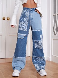 Patchwork Wide Leg Jeans, Funky Jeans Women, Jeans With Iron On Patches, Printed Jeans Women, Cute Jeans Aesthetic, Jeans With Designs On Them, Patchwork On Jeans, Cool Jeans Diy, Half And Half Pants