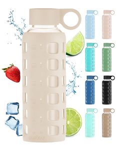 the water bottle is made from plastic and has two strawberries, limes, and ice cubes