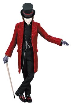 a man in a red jacket and black hat with his arms outstretched, holding a cane