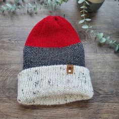 Red, Grey, and White knit hat -made with soft yarn -sized for child or adult -can be worn cuffed or as slouchy beanie Sock Monkey Hat, Monkey Hat, Sock Monkey, Yarn Sizes, Slouchy Beanie, Skull Cap Beanie, White Sock, Soft Yarn, Knit Hat