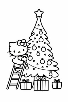 a hello kitty christmas tree with presents under it and a ladder up to the top