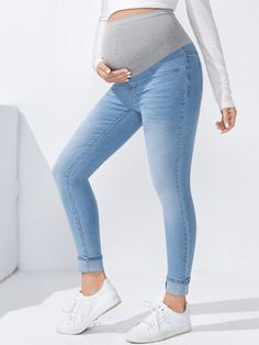 Maternity Wideband Waist Roll Up Hem Skinny Jeans Light Wash    Denim Colorblock  High Stretch  Maternity Clothing, size features are:Bust: ,Length: ,Sleeve Length: Cheap Maternity Clothes, Maternity Casual, Preggo Fashion, Mommy Outfits, Cute Maternity Outfits, Casual Maternity, Outfit Jeans, Pregnancy Outfits, Maternity Clothing