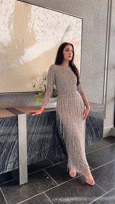 Silver Long Sleeve Dress, Silver Evening Gowns, Modest Evening Gowns, Dress With Tassels, Beaded Formal Dress, Sequence Dress, Evening Dresses With Sleeves, Long Sleeve Dress Formal, Ankle Length Dress