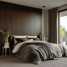 a large bed sitting next to a window in a room with wooden paneled walls