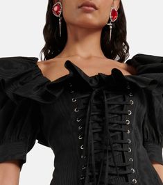 Черное мини-платье с пышными рукавами с рюшами - Alessandra Rich | Митереза Alessandra Rich, Cropped Top, Ruffle Trim, Lace Front, Puff Sleeve, Color Design, Top Brands, In Italy, Cotton Blend