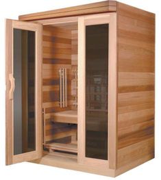 a sauna is shown with its doors open