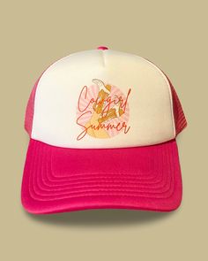 It's a Cowgirl Summer, and we have the hat to prove it! Pink and white trucker hat with exclusive Cactus Jane design. Hand pressed in-house at our Laguna Beach store front. Perfect for beach days and summer concerts, throw it on with your cut-offs and you're ready for your own cow girl summer! Summer Trucker Hat, Cowgirl Summer, White Trucker Hat, Summer Concerts, Beach Stores, Cut Offs, Hat Ideas, Summer Concert, Cow Girl