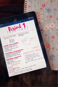 a tablet with a menu on it sitting next to a notebook and flowered wallpaper