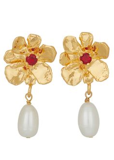 Flower Pearl Drop Earrings in Gold - Red – Mondo Mondo Pearl Drop Earrings Gold, Gold Fronts, Single Pearl, Flower Center, La Face, Jewelry Lookbook, Jewelry Inspo, Gold Plated Earrings, Pearl Drop Earrings