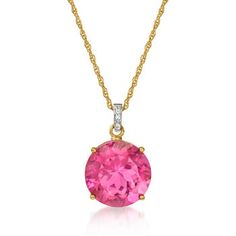 Ross-Simons - 7.75ct Pink Topaz Pendant Necklace, Diamond Accents in 14kt Yellow Gold. 18". Glowing with the most splendid bright-pink hue, this ample 7.75 carat round pink topaz pendant necklace adds fierce and feminine color to your look. Also features a touch of sparkle from diamond accents in white rhodium on the bale. Suspends from a 14kt yellow gold rope chain. Springring clasp, pink topaz pendant necklace. Quartz Pendant Necklace, Gold Rope Chains, Pink Topaz, Pink Quartz, Rope Chain, Bright Pink, Topaz, Gold Necklace, Sparkle