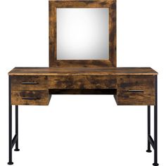 a wooden desk with mirror and metal legs