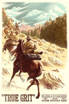 an image of two men riding horses in the snow with trees and mountains behind them