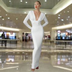 White Fitted V-neck Maxi Dress, White V-neck Stretch Maxi Dress, V-neck Stretch Bodycon Evening Dress, White Stretch V-neck Maxi Dress, White V-neck Dinner Dress, White V-neck Fitted Maxi Dress, Chic V-neck Bodycon Maxi Dress, Formal Stretch V-neck Dress, Stretch V-neck Dress For Dinner