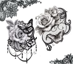 an artistic drawing of two roses with laces and butterflies on the side, one in black and white