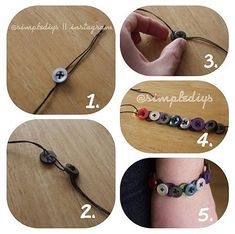 the instructions for making a bracelet with buttons and thread on it are shown in four different ways