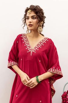 Red velvet silk kaftan with zardosi, marodi and gota patti hand embroidery. Comes with moti and cutdana work pant. - Aza Fashions Cutdana Work, Kaftan Designs, Silk Kaftan, Pants Pattern, Pant Set, Work Pants, Set For Women, Flared Sleeves, Aza Fashion